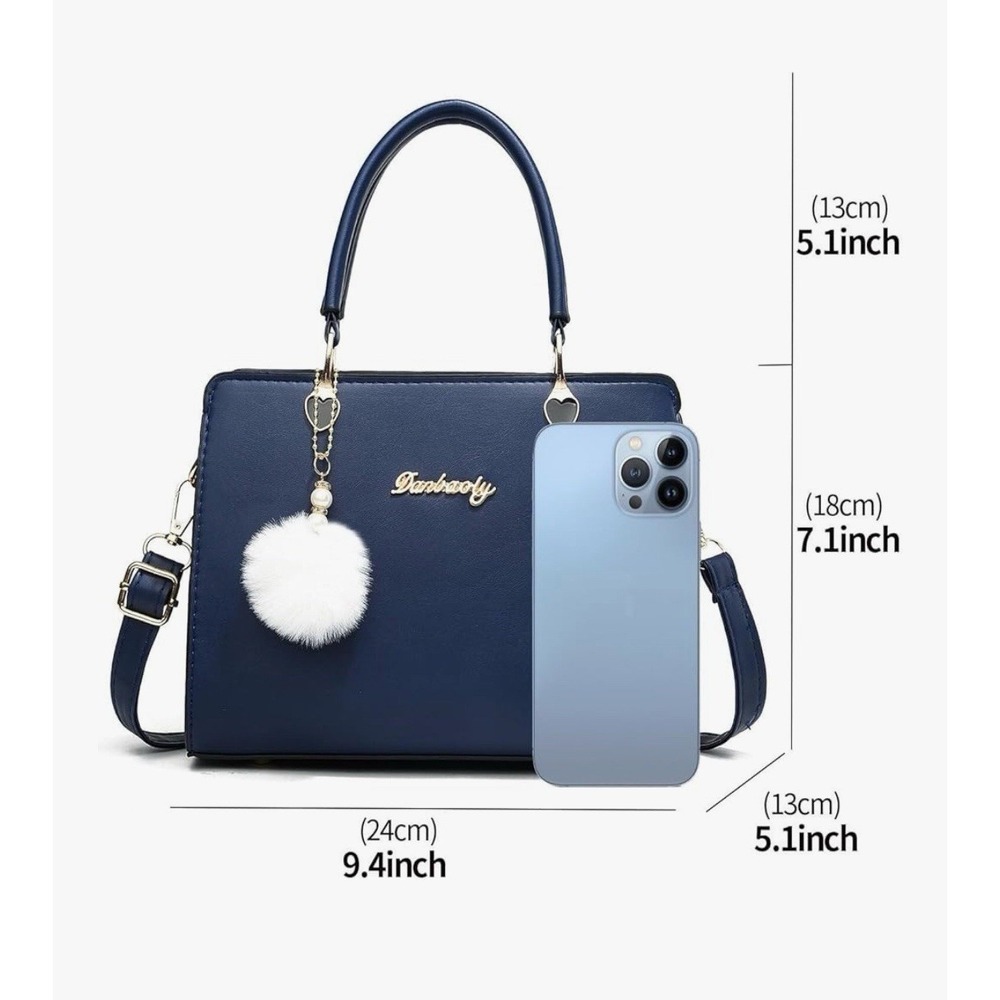 Navy Blue PU Leather Satchel Crossbody Bag Heart‎ Hardware Pom Pom Charm - Picture 4 of 9